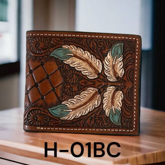 Western Chestnut Leather Bi-fold Wallet Floral FeatersTooled Basket Weave - Picture 1 of 9